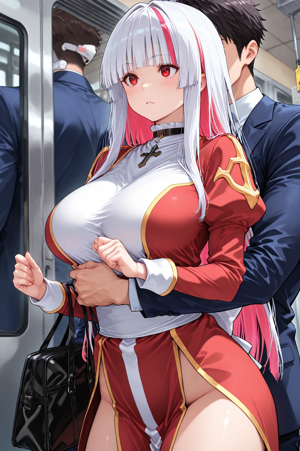 mastute piece,Best Quality,insanely detailed,8k cg,nsfw,
(shoot upper body:1.3),
(1girls:1.3),standing,looking at viewr,body in front,(arms behind back:1.4),(marching band costume:1.4),(bare breasts:1.3),break,
blush,shy,(ecstasy face),(trembling:1.2),break,(light pink hair:1.3),
break,
perfect breasts,perfect teats,(open mouth:0.9),(large breasts:1.2),
(city),