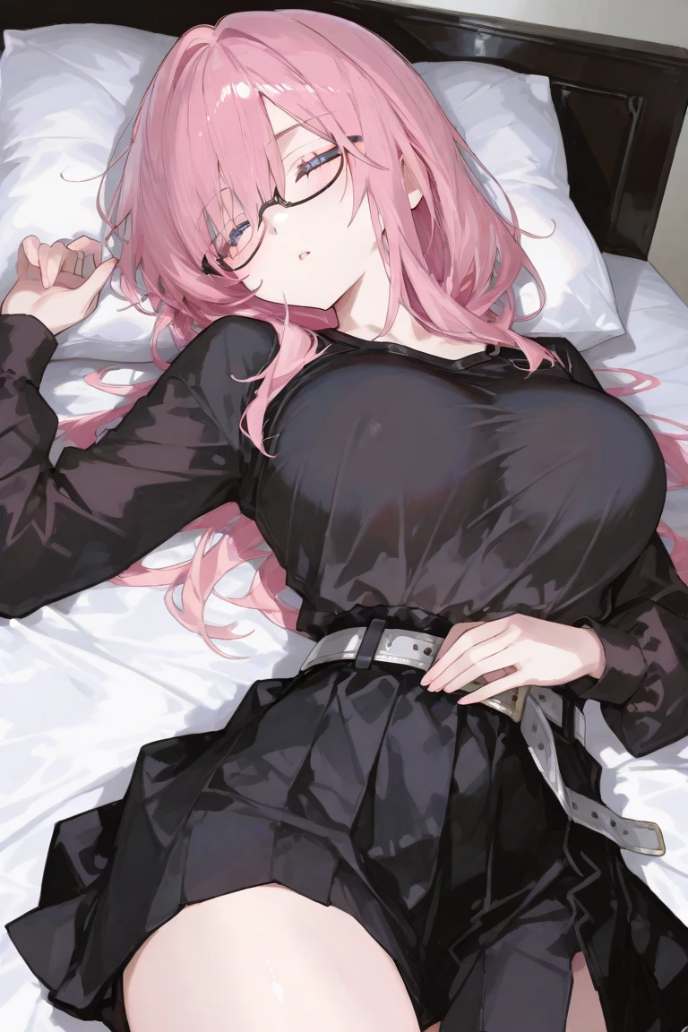 Young black girl sitting on the bed with a suggestive posture, very wide hips and fat, juicy thighs, waist-length pink hair, black glasses, big blue eyes, tight sweater that highlights her breasts even more, tight pink thong, tight and marked pussy.
