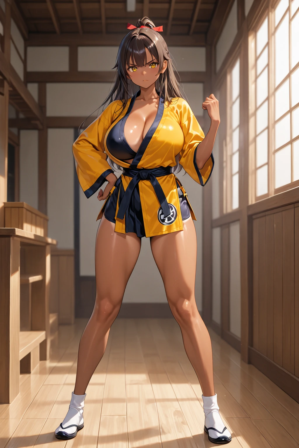 A black Female ninja wearing short kimono in fishnet with sexy bare feet and toes exposed wearing sandals with boob cleavage showing with cameltoe showing doing a sexy pose 