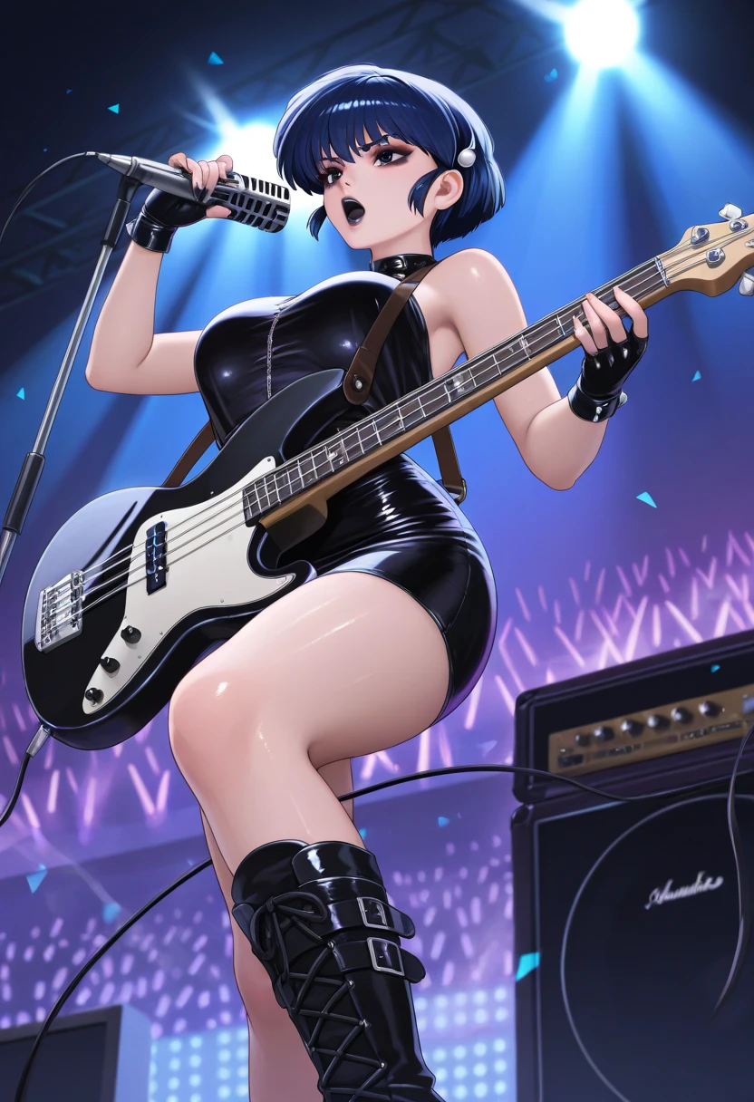 score_9,score_8_up,score_7_up, source_cartoon, source_furry, furry girl, dog, multicolored hair, pink hair, black hair, mohawk, makeup, black eyeshadows, blue eyes, ((black bikini with metallic details, criss-cross straps on the front with straps on the sides)), instrument, guitar, electric guitar, narrowed eyes, detailed body fur, detailed face, detailed eyes, glistering body, shiny body, gorgeous body, skinny, solo, :3, white body fur, sharp teeths, teethy smile, concert stage, feets with three toes, 3 toes,