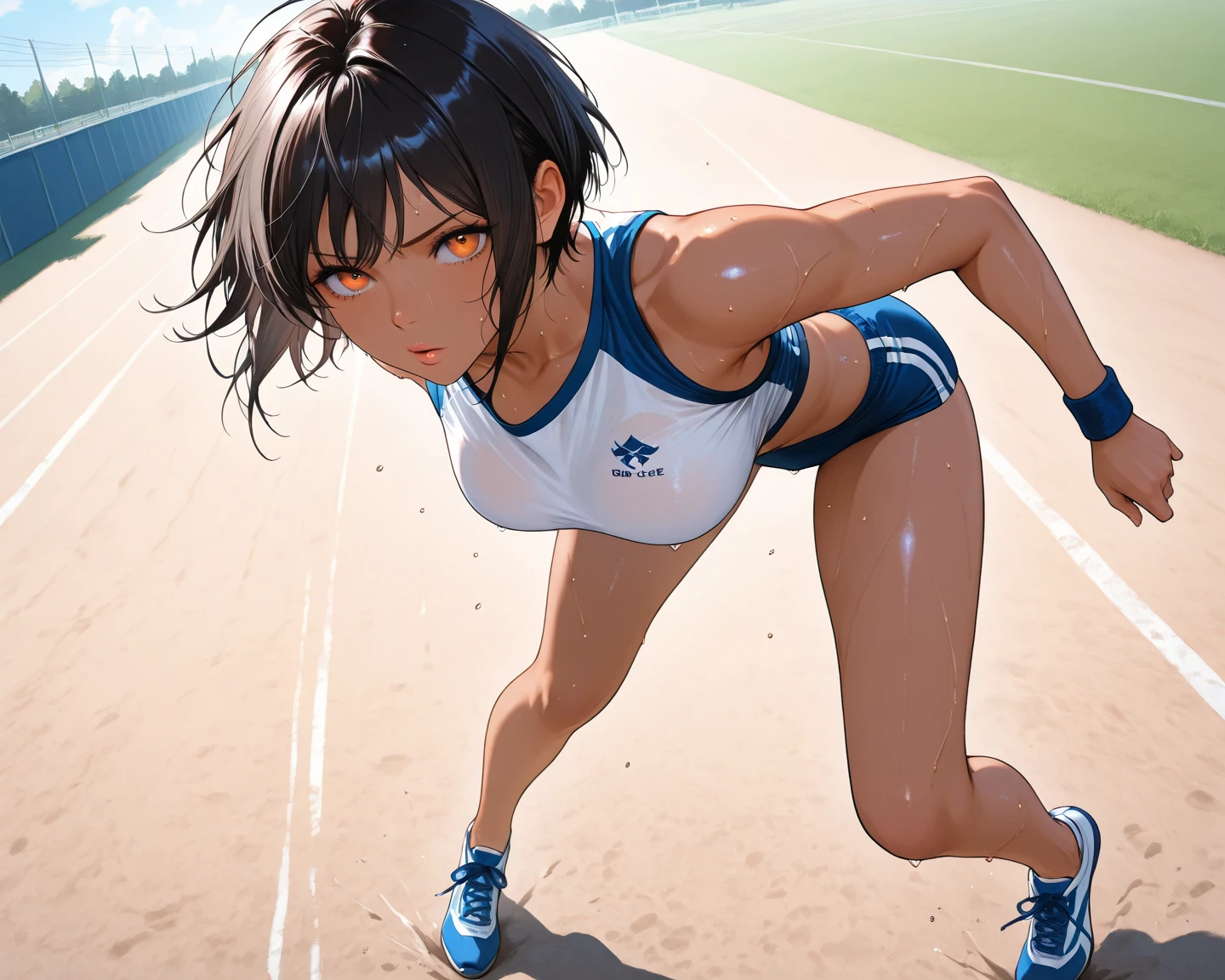 Photo of a 20 year old woman, Perfect Face, masterpiece, good, Sports bra,Racing Bloomers、good, Dynamic Perspective、Run at full speed、Sweat flying、Serious face、Crouching Style、Track and Field、Short hairstyle