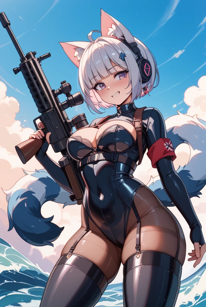 highres, top quality, best quality, paid reward available, High-quality illustrations, unparalleled masterpiece, perfect artwork, absurdres, perfect anatomy(highly detailed beautiful face and eyes)(angelic cute 1girl, kemono, solo focus)(furry)(furry anthro:1.7)(Furry body, dog facial features, dog body features)(very detailed body fur)anime girl in bikini with gun and gun in water, azur lane style, kantai collection style, tattered military gear, best anime 4k wallpaper,