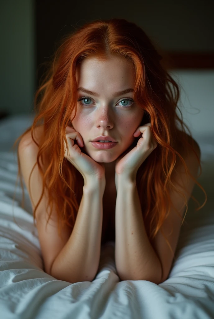 ultra realistic, photography, long red hair, girl, 24 years old, hourglass figure, perfect body, Flirty look, enhanced breasts, blur background, in the bedroom, she is laying on the back on her bed, she is facing the camera, the camera is at her feet, red silk bedsheets, she is naked,