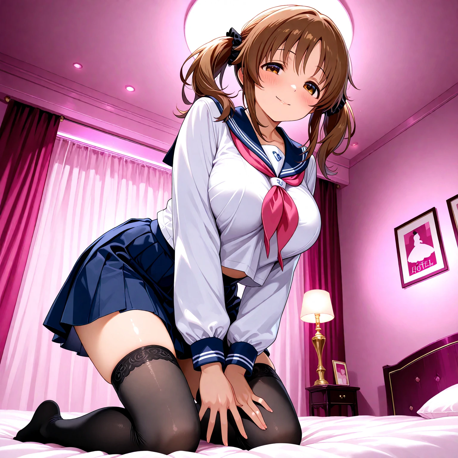 superrealistic anime,tanned gyaru,cute face,eyelash,make up,earing,brown hair,curvy body,thick thighs,school cardigan,white shirt,checked pleated skirt,navy skirt,look at viewer,buttocks focus,loafers,loose socks,detailed skin,at her room,pink bed,lying on back on bed and spreading legs,pink string panties,from above,face focus,creampie,cum in pussy,big breasts,,school bag