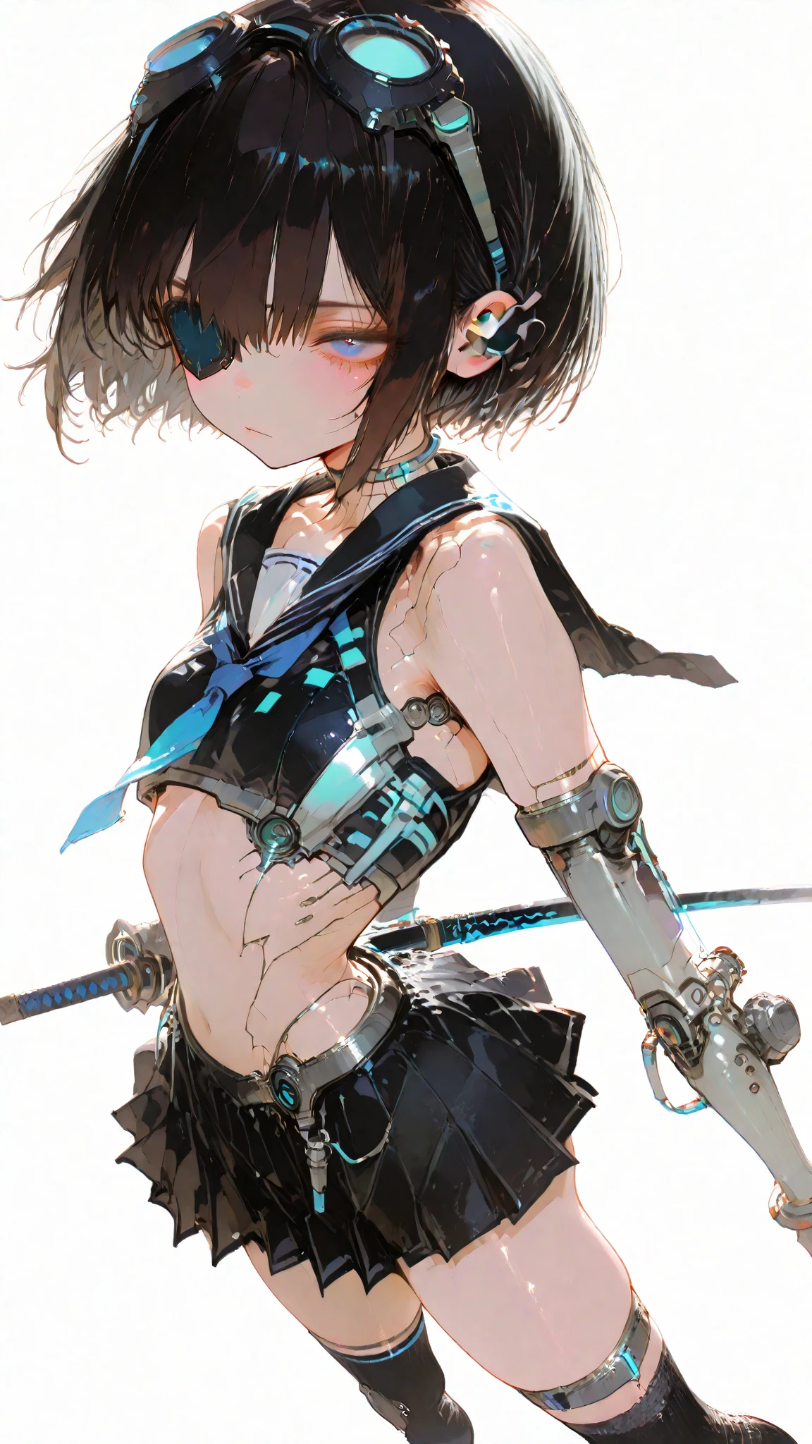 dynamic pose, foreshortening, extreme perspective, ((Cyber JK))、Machine Girl、(((dark haired)))、solo ,(( Cyborg Girl )) , Cyber Sailor Suit、cyber pleated skirt、cyber knee-high socks、short hair,Blue Eyes、narrow eyes、Black Eye Patch、Black Goggles on Head、flat chest、mechanical prosthesis、No expression、Thighs are skin colored、((has a Japanese sword))、cool pose、((( rich nature)))、simple background、white background、