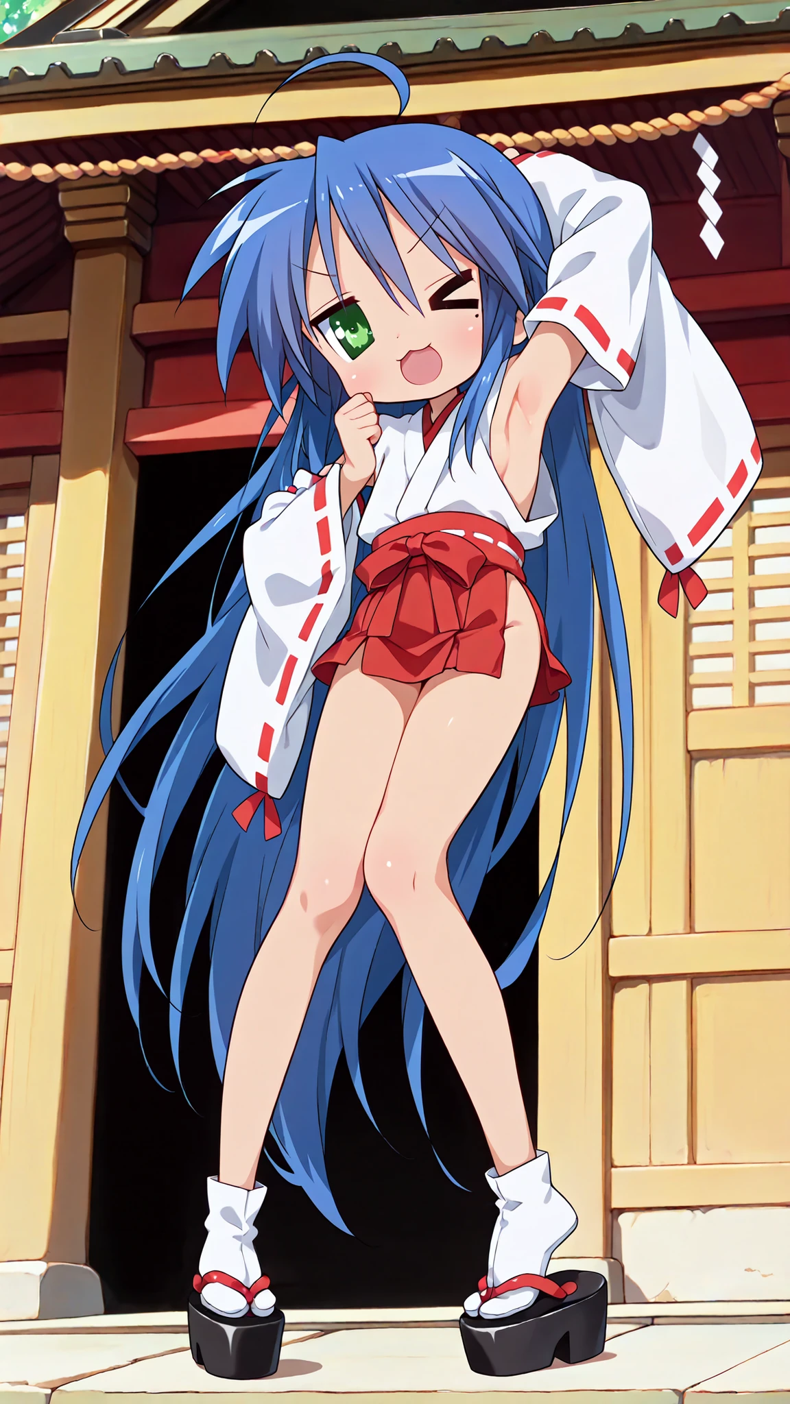 lucky star, masterpiece, best quality, 1girl, mole under eye, mole, ryouou , solo, serafuku, long hair, green eyes, blue hair, parody, :3, ahoge, front view, upskirt view, blue ribbon panties, skirt lift 