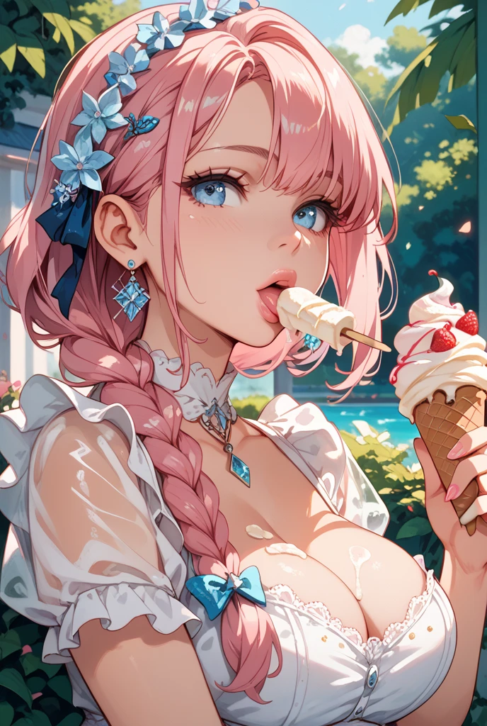 ((Best quality)), ((masterpiece)), (detailed), ((perfect face)), One Girl、Pink long hair、blue eyes、A white dress with black lace、large pink ribbon on the chest、Hydrangea is blooming、Lots of hydrangeas、sitting on a park bench、Eating ice cream