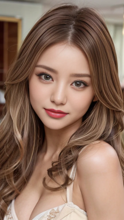 Highest quality. Tabletop, 8k, Best image quality, Award-winning works, One Girl, , Perfect V-neck long knit red sweater, Waist up upper body shot, (Look forward), Red eyeshadow, Perfect Makeup, Long eyelashes, Ultra HD Shining Eyes, Ultra HD Hair, Ultra-high resolution glossy lips, , Ultra HD cute face, Brown Hair, Wavy semi-long hair,(blonde:1.3), Look at me and smile, clavicle, Accurate anatomy, Face close-up, Luxury Love Hotel, The most atmospheric and warm lighting, Blurred Background