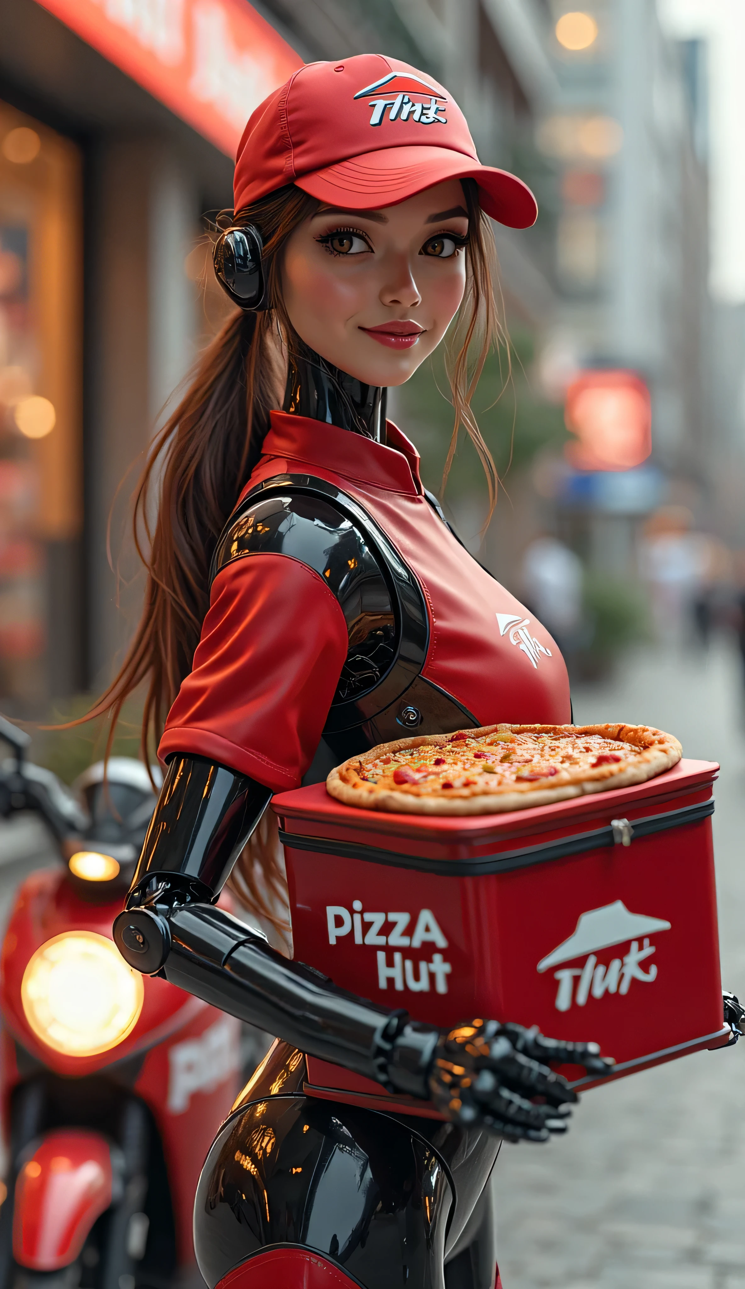 A young female college student, full body photo, small chest, holding a hamburger in her hand, eating with her mouth, lying on a robot to eat, in a playful pose, there are a lot of KFC food displayed in the store, huge roast chicken, robots also help with ice cream, huge robot assistant, in a KFC store, refrigerator