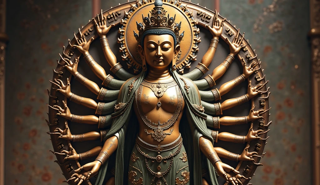 masterpiece,Best quality at best,UHD,8k wallpaper,actual,masterious,(realisticlying:1.4),1 Giant Girl,full bodyesbian, a golden statue of Thousand Hands goddess, Guan yin  style , Multiple hands holding some holly chinese weapons, ancient style, fantastic dunhuang outfits, olot of jewelry detail, holly lighting ,, beautiful face with compassion 