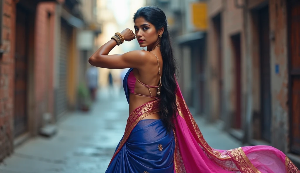 Latika, Indian woman, wearing indian sari, light purple sari, tight clothes, expressive eyes, close on eyes, neckline, looking to the viewer, smirk smile, above view, above view, close view, neckline, in India street, at night, sexy, above view, focus on eyes, NSFW, teasing, back view, pubianos, pussy,