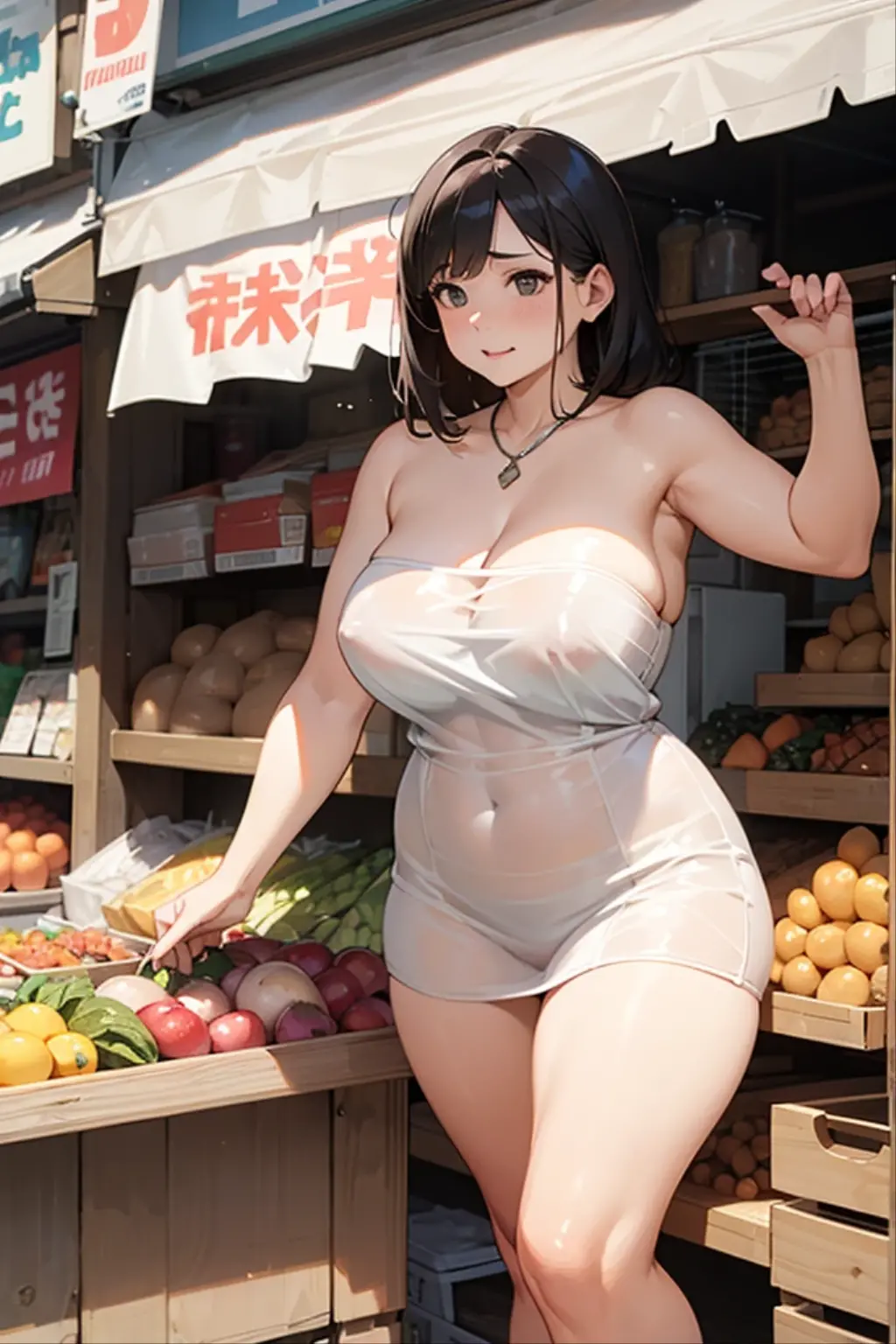 slightly chubby, Married woman atmosphere, naked, giant areolas, sagging breasts apart, showing pussy, shopping at outside market