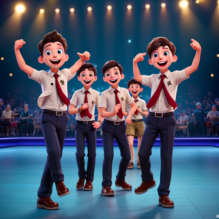 RAW photo, african boys, doing group dancing on stage,theater stage with open curtains, 3d pixar cartoon