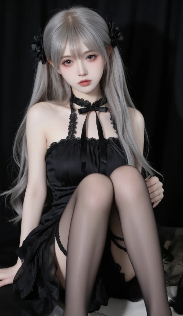(8k, best quality, masterpiece:1.2), realistic, ultra highres, intricate details,
1girl, beautiful face, jirai kei, light silver hair, twin tails, eye shadow, dark lips,
skirt, frills, band,
medium breasts,
slim legs, fishnet stockings, slim waits, platform shoes,
wariza, sitting on the floor, at Tokyo train station,