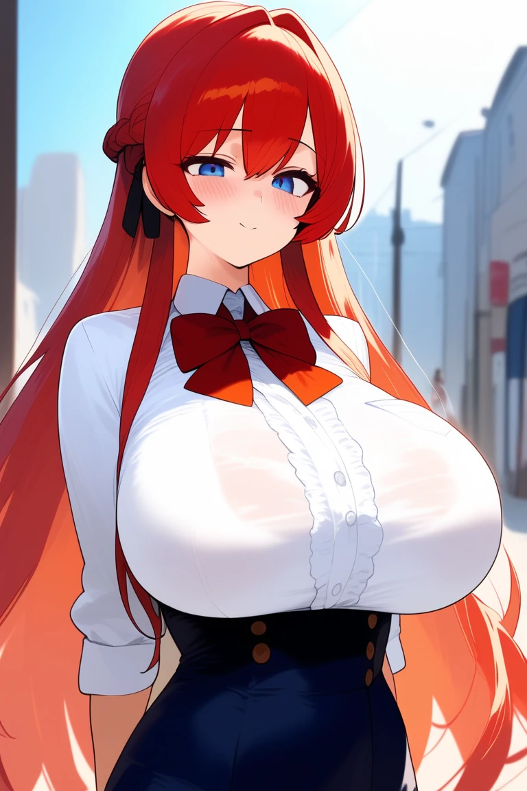 My name is Hikaru, I am a white test woman with long red hair and black eyes. I am 1.60cm tall and weigh 46kg. My breast sizes are 300 cm, my waist is 60 cm and my hips are 200 cm. Dressed in a tight, low-cut red dress with her hair tied in a ponytail and a black bag.. With big breasts 300 cm