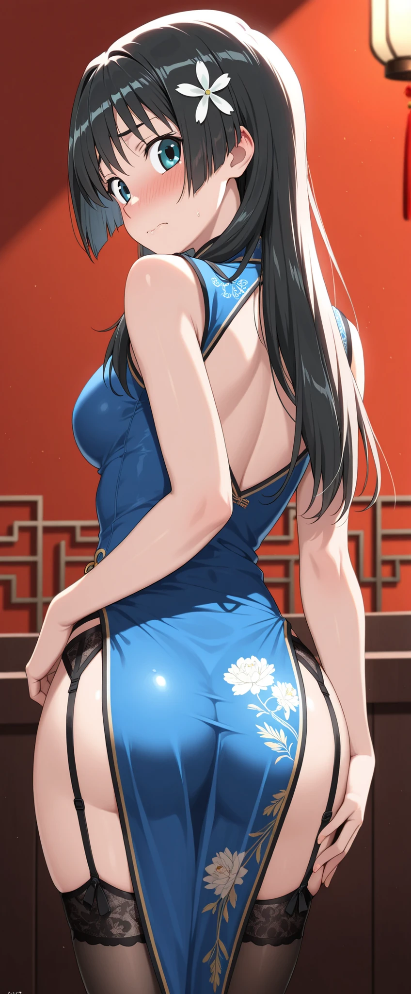 (masterpiece,highest quality,超A high resolution),japanese woman, (((Very beautiful 25 year old girl))), pretty girl、look at the photographer､  (()), super cute face, glossy lips, double eyelids in both eyes,natural smile、 natural makeup, long eyelashes, Shiny and smooth hair, back pose, ass､center image,  perfect limbs, perfect anatomy,(((shiny cheongsam)))glasses, from back, looking back 