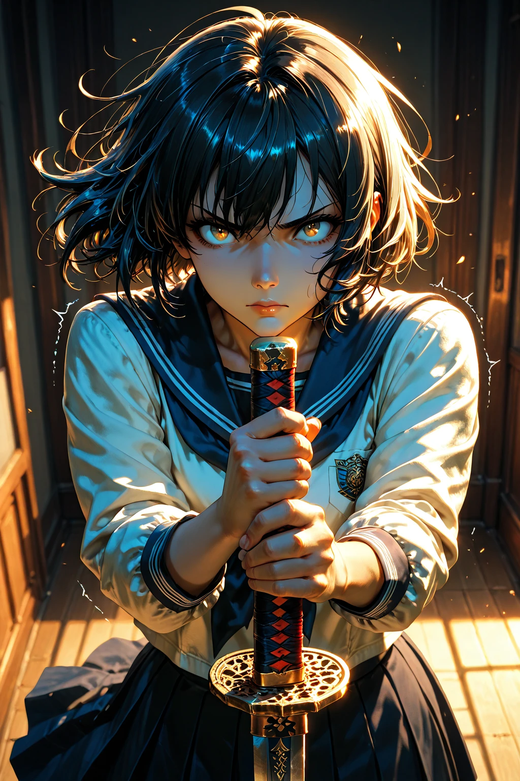 Delinquent Girl、Sailor suit、Attacks the viewer、Swinging the chains、The chains are blurred