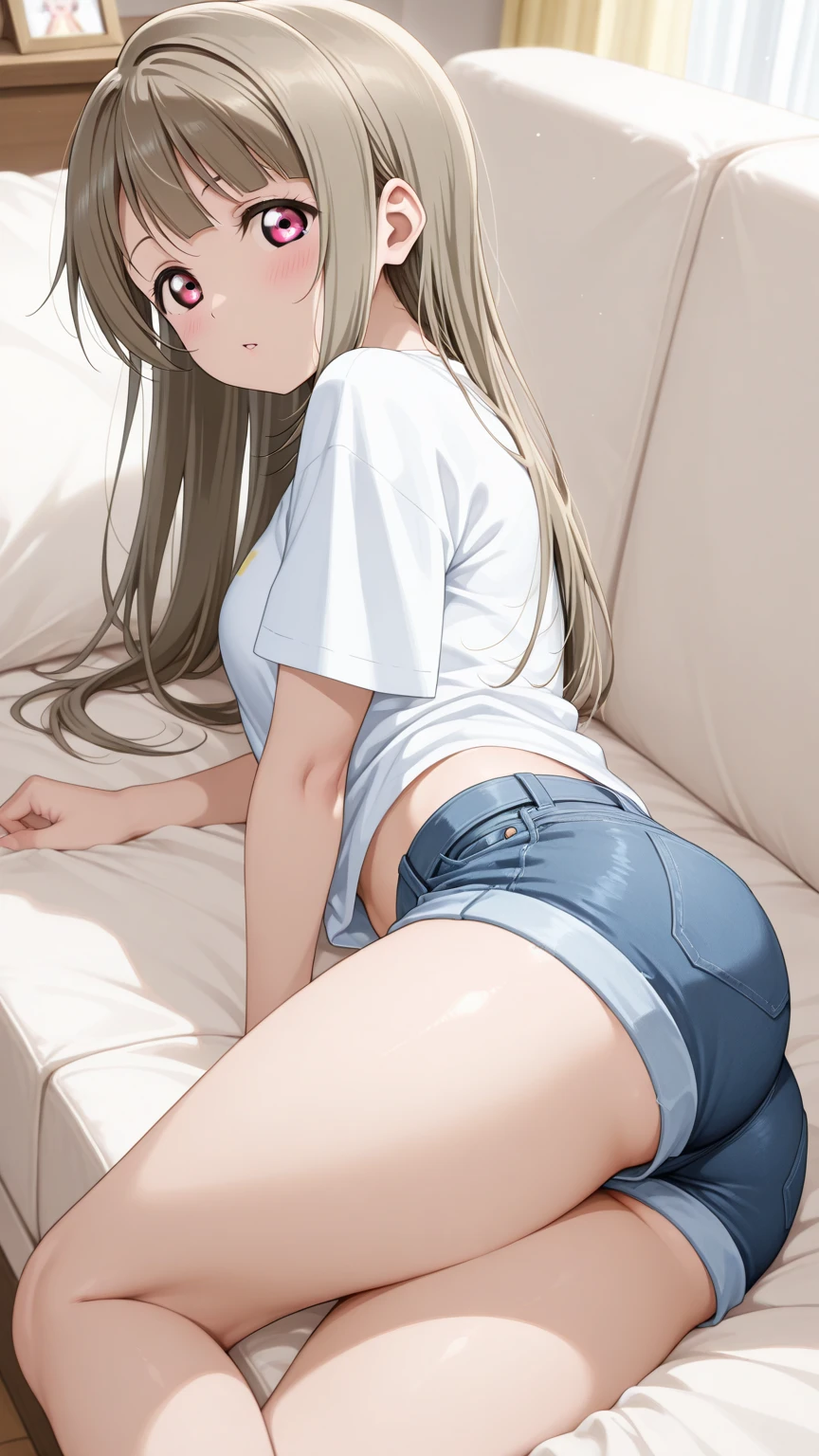 Absurd, High resolution, Super detailed, beautiful, masterpiece, Highest quality,Blonde,Smooth Hair,Bobcut,The front hair is neatly aligned,Tanned, healthy chocolate skin tone,Perfect proportions,A body without failure,White panties are visible through the hot pants,Provocative look,Nipples are erect,Crimson Eyes,Your eyes are moist and sparkling,Eyes are drawn in detail,Perfect lighting,Composition looking up from the ground,Must be at least one person,17 years old,Japanese,woman,high school student