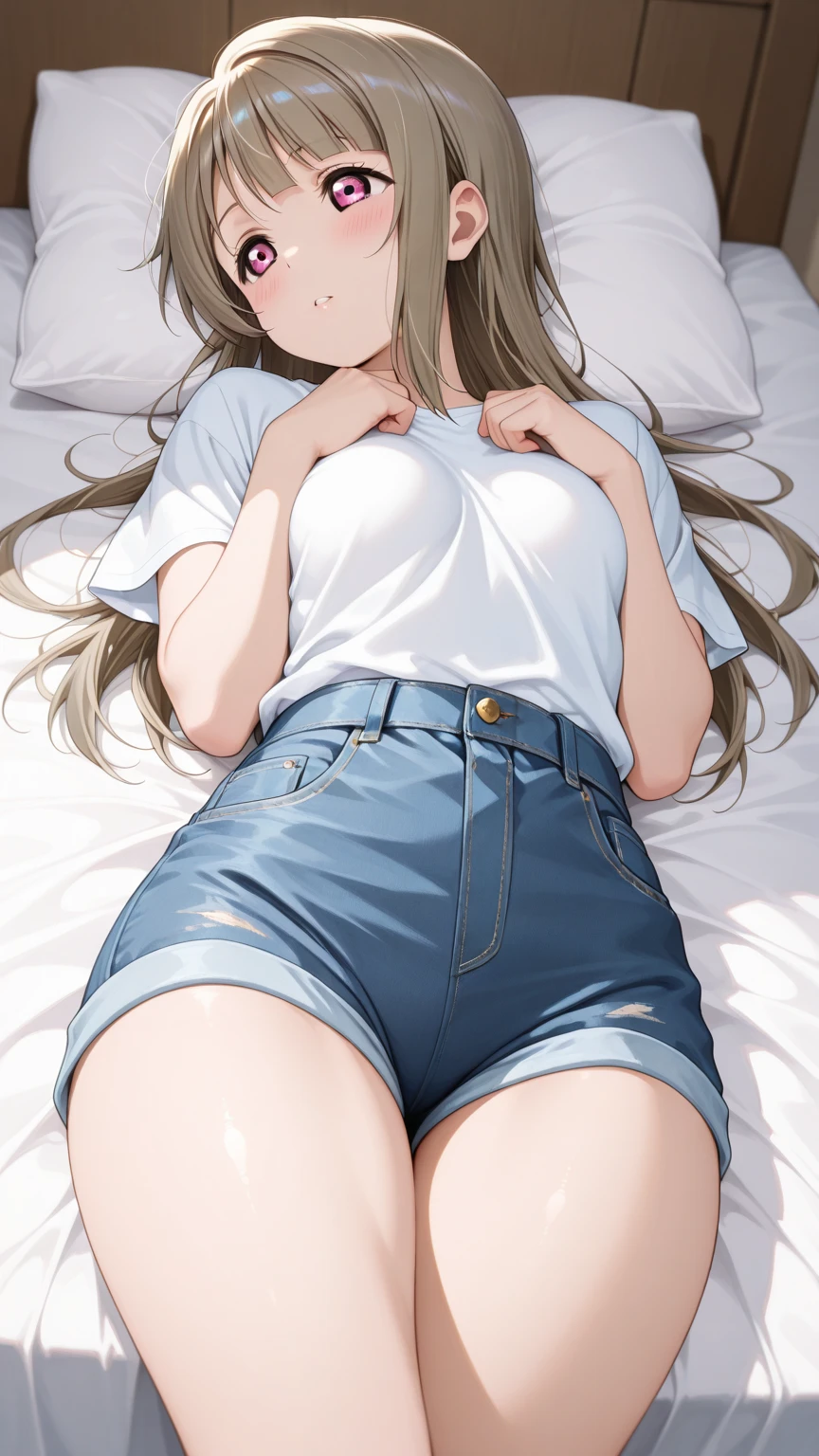 Very detailed、(8k, RAW Photos, highest quality, masterpiece:1.2), (Very detailed 8k wallpaper),figure、Professional Lighting,Sharp focus, Depth of written boundary、、Clear Eyes、Perfect Anatomy、With a girl、12 years old、、,、(Plump thighs:1.2)、、、pov 、T-Shirts、White panties、Denim mini skirt、、Lying in bed、(Leg spread:1.5)