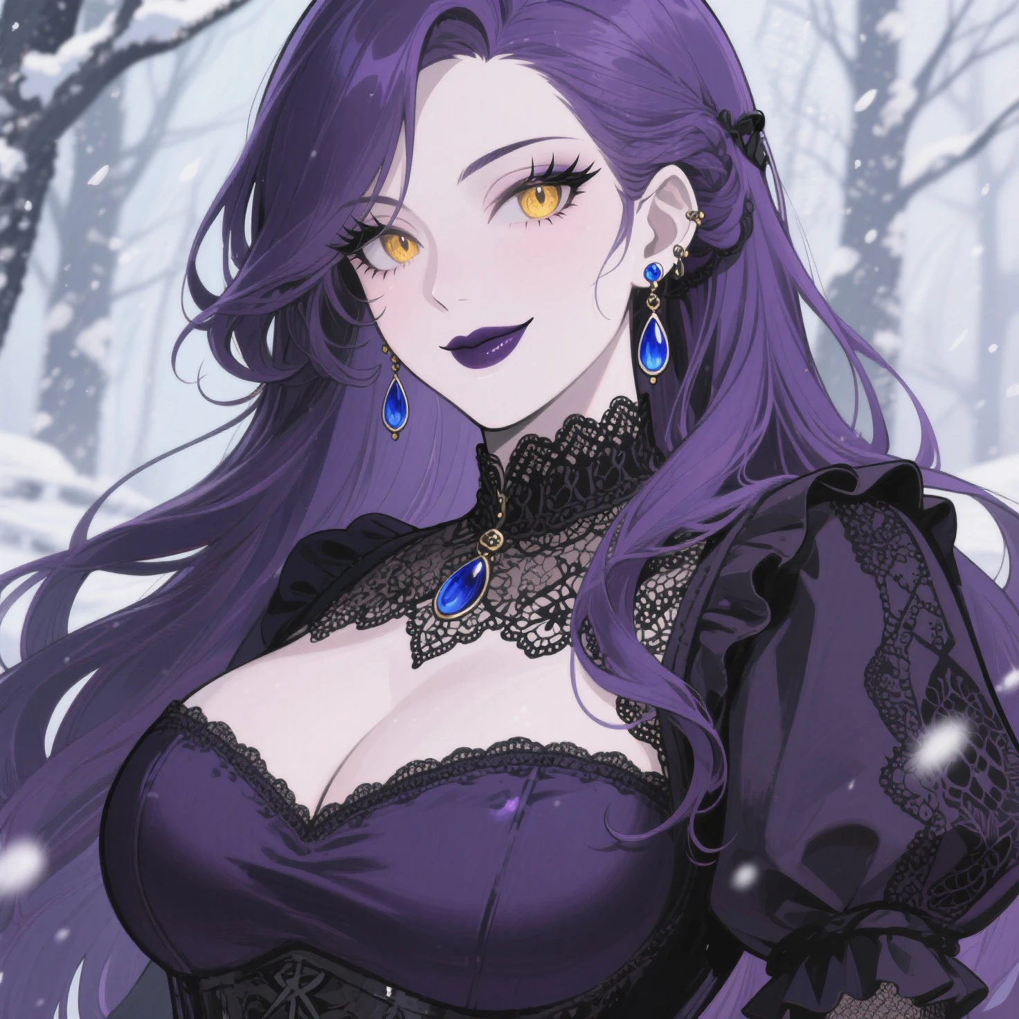 Halloween goth wearing purple and orange, (soft huge breasts:1.3), ecstatic smile, heavy makeup, bright eyes, heavy eyeliner, gothic makeup, pale complexion, purple lipstick, deep purple eyeshadow, purple and orange hair, black lace choker, long black nails, elaborate purple and orange costume, frilly lace sleeves, corset, floral pattern, visible thighs, gothic jewelry, smoky atmosphere, hauntingly beautiful, enchanted forest background, full moon in the sky, mysterious darkness, purple and orange lighting, ethereal aura, ominous shadows, dramatic pose, confident stance, legends and myths, fantasy-inspired, gothic romance, vintage goth aesthetics, dark elegance, majestic and alluring, witchcraft and enchantment, intricate details, magical ambiance, witchy vibes.