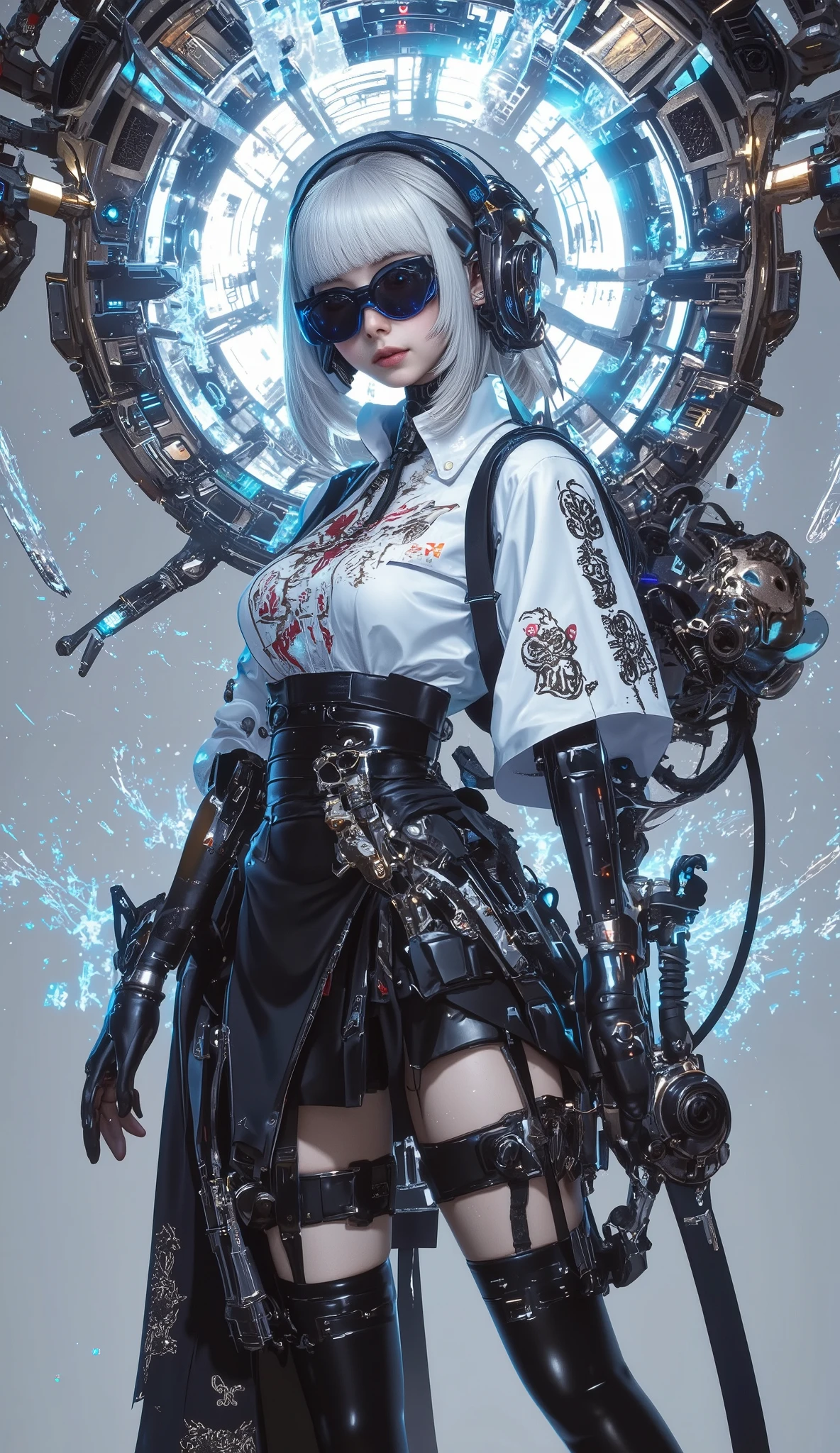 masterpiece、Best Quality、Amazing quality、Newest、very beautiful、8k、Good anatomy、good shadow、Super Detailed、Fine Detail、High resolution、HD、masterpiece、4ur4_illu、 shiny、1girl、 Solo 、 Laurel 、White hair、Dark Hair、two-tone hair、straight bangs、elf ears、Steam punk style clothing、long skirt、cybernetics、Translucent cape(Floating cape:1.2)、goggles、Eye Implants、Scenery、詳細精緻的自然Scenery場景、Perfect Light Effect、Soft and Elegant Tone、High Quality Realistic、Conceptual Art Style Illustration、digital painting