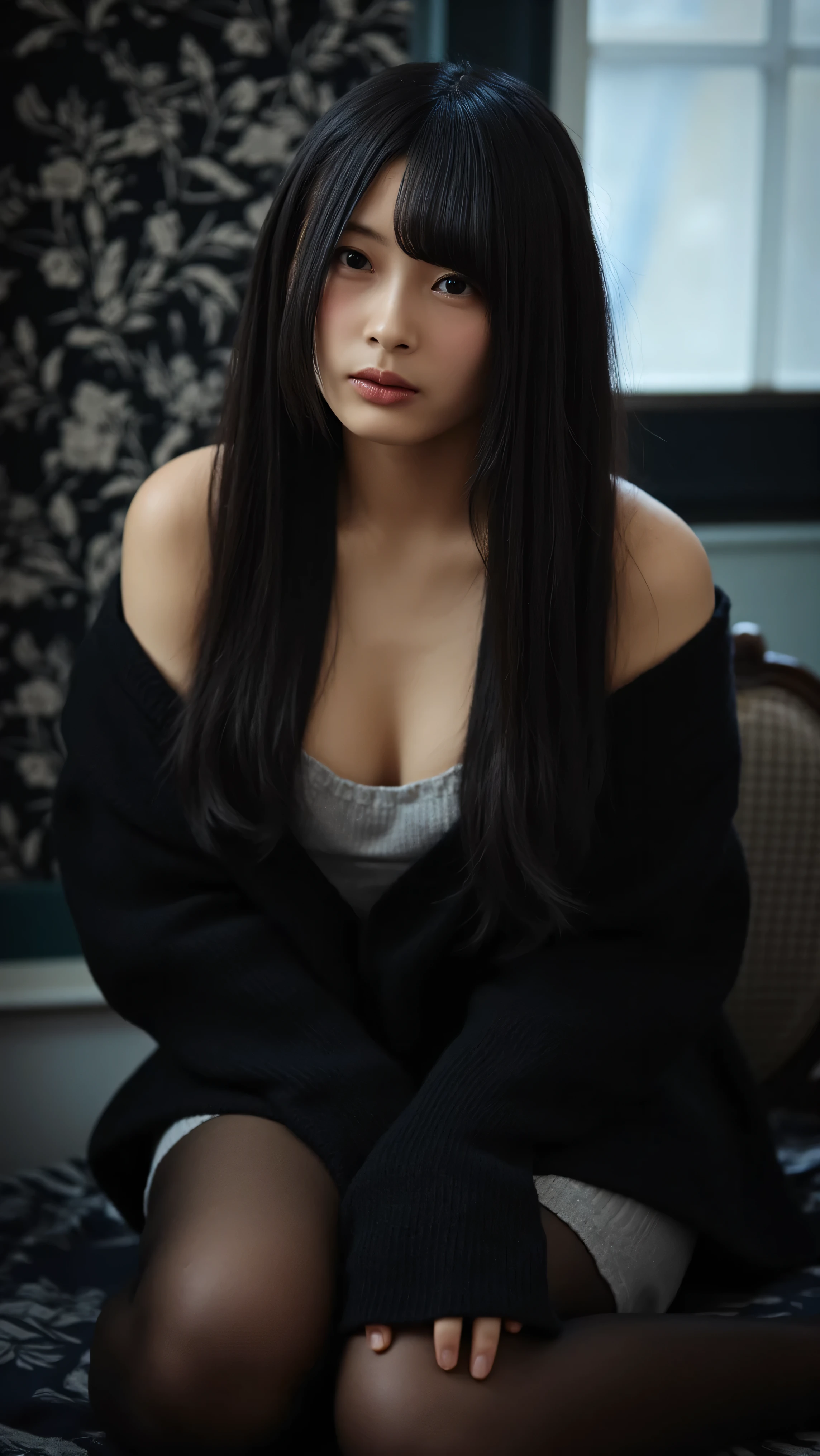 masterpiece:1.3、( Photo realistic :1.4), realistic detailsed , textured skin、 high res,Bokeh, details、(masterpiece:1.3), Verism、(8k, realistic , raw photos, best quality: 1.4), ( hairstyles are random :1.2)、( Highly detailsed faces)、 double eyelids bending both elbows 、((Full Body:1.6)), One Woman、 beautiful Woman:1. 4,2. Woman、 perfect body , Long hair that reaches down to the chest 、masterpiece, top quality ,ultra high res、( realistic :1.4) 、 symmetrical faces 、 The face is very realistic 、photo level、8k 、 full best quality、Sebaceous reflex、 The face is very realistic 、hyper realistic skin 、 realistic light and shadow effects、(( blue hour light )),(( dim light, Soft Writing)),(Pure and elegant),(( Depressed Illumination)),((( Beautiful Thighs))),(( Knight :1.5)),((tunnel)), Gothic makeup , dark makeup,(( messy hair)),(( search 。 hairstyles are random )),((black&Gray hair color))、(( graffiti art )),( blurry background),((Gothic)),((( Stockings ))),( panties ),(( Sexy Poses))、(( chest visible 、 Sleeveless Sweaters 、 is wearing round glasses ))、 Dark Room Table Lamp Light 、 sitting、Legged Naked