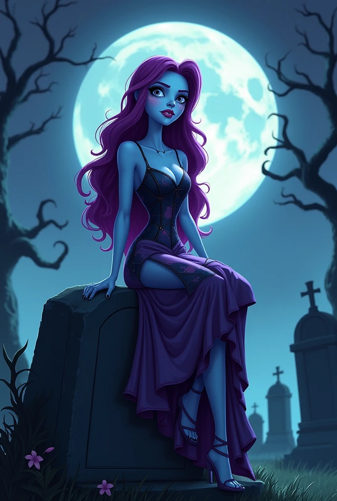 beautiful skeleton woman nude at the cemitery showing pussy, moon, bats, blue hair, happy face