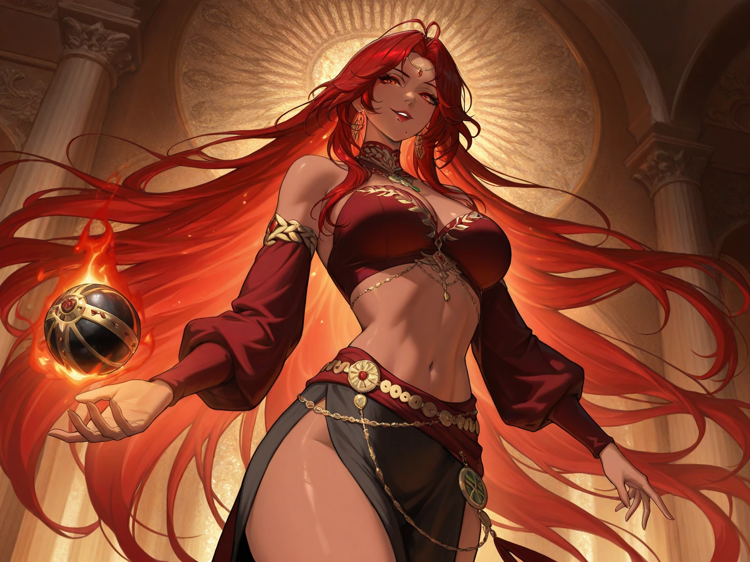 Black Indian queen, woman, with red hair.