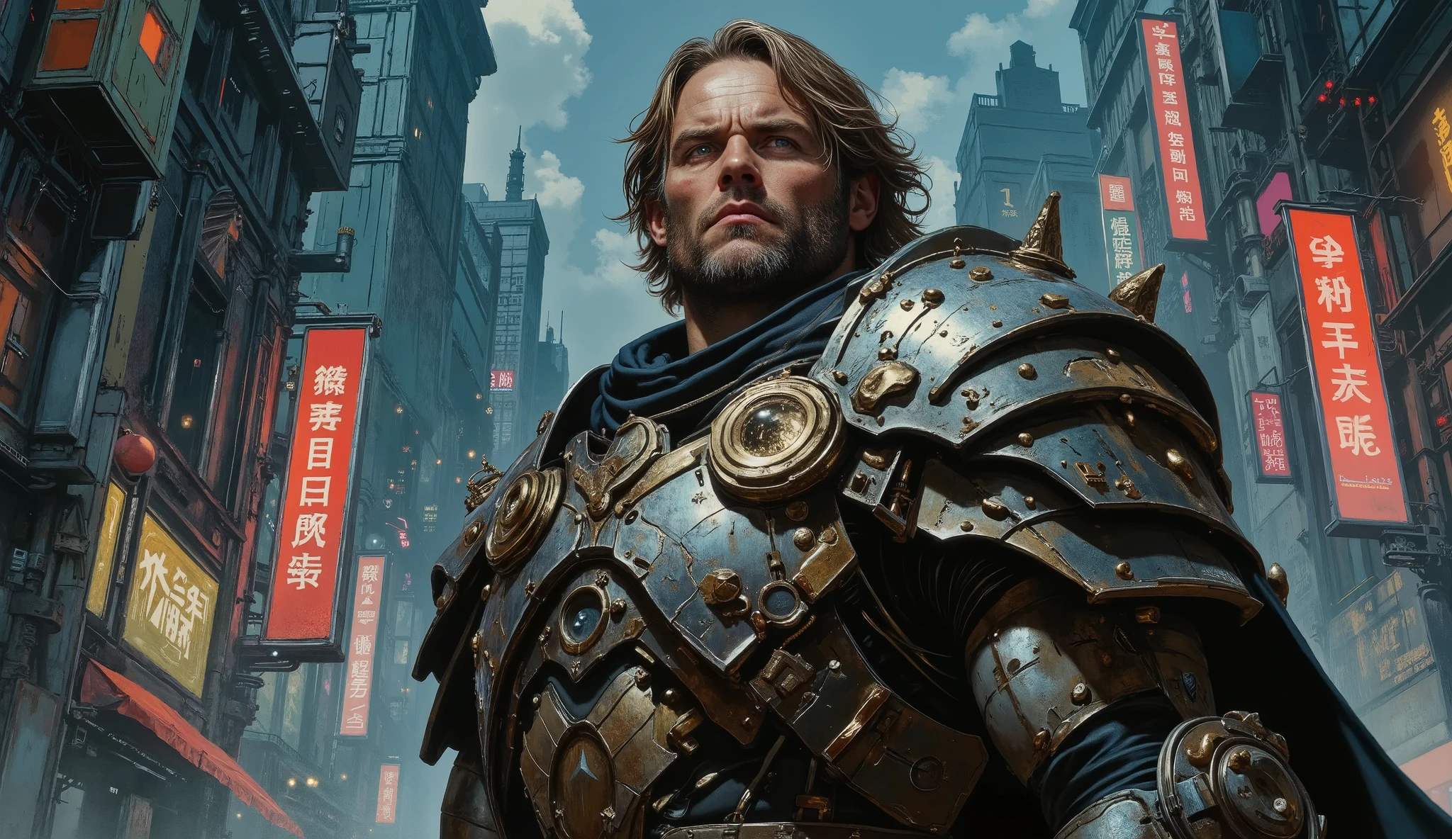 a medieval knight, dirty black armor, beard, short black hair, with a sword, scars in the face, city night background