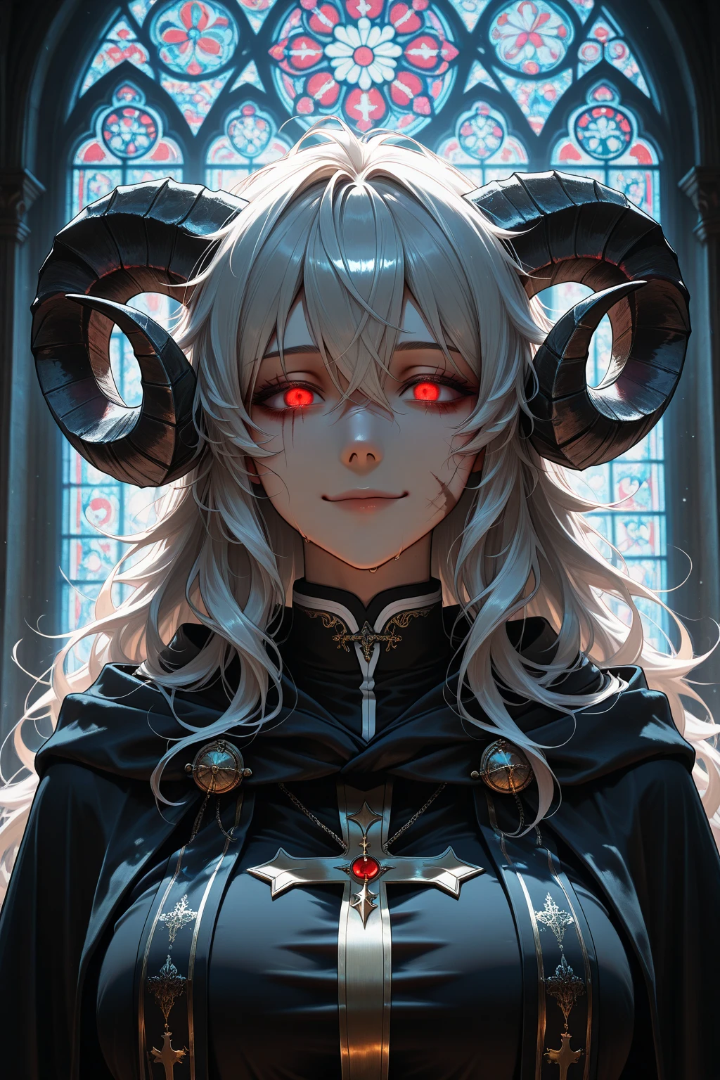 Angel, (((small black horns))), red halo above head, black scelara eyes, large silver wings, body focus, high detail, horns, genderless, androgynous, R4mh0rns, portrait, curled horns, sheep horns, glowing cracks, cracked skin, shattered skin, fractured skin, broken skin