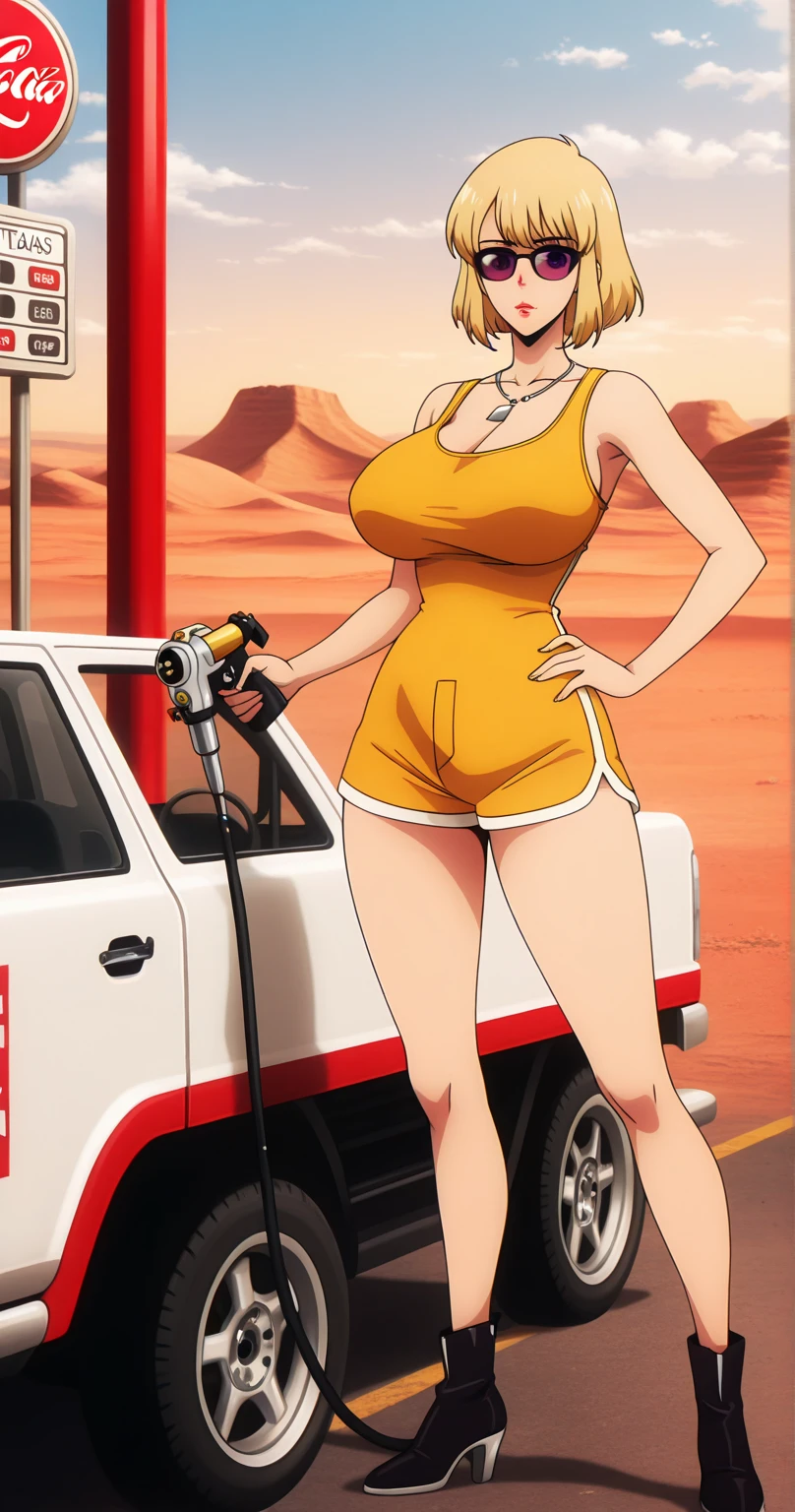 1 woman, wavy orange hair, green eyes , sly face , glasses , white tank top , black panties , abdomen, big breasts , Long legs , hands on hips... , canvas shoes , convenience store