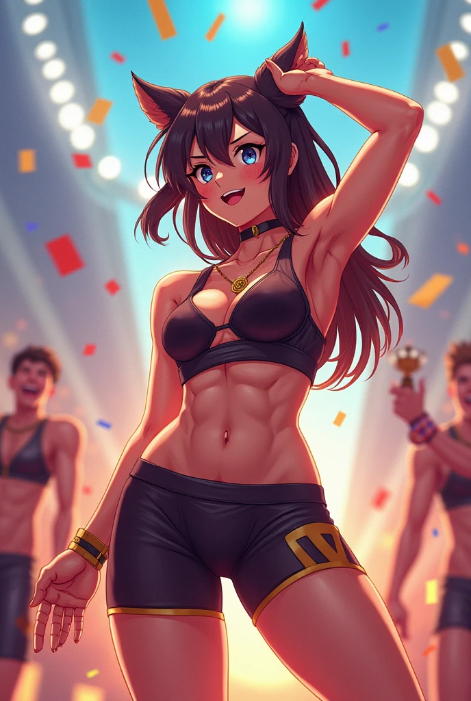 raw, analog style, a sincere, beautiful woman, (smiling), green eyes, long brown hair, wearing a black transparent top, sexy black leather mini skirt, at the disco, standing dancing, surrounded by men, big breasts, Soft lighting, evening, cozy (seductive look)