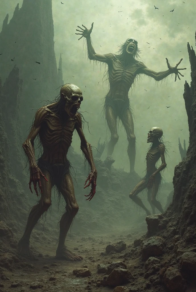 a photo of John Kenn Mortensen&#39;s style page, surreal and disturbing in a scary demonic place, beings that are not human - NOT HUMANS