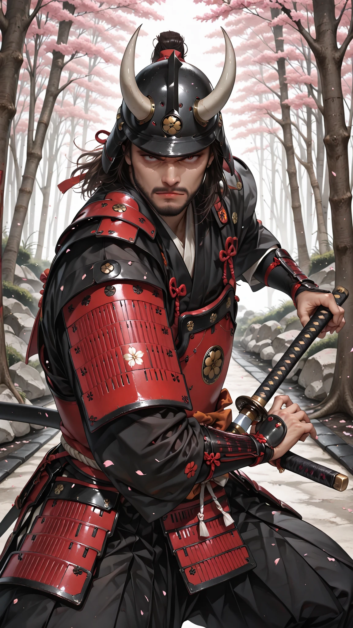 masterpiece, best quality, vibrant, very aesthetic, high contrast, (semrealistic), newest, koreanai, best_quality, finely_detailed_eyes_and_detailed_face, (1 man),masculine, bald, black_eyes, (beard:1.2) ,(muscular:1.3, (short_man:1.2),BREAK, samurai, shogun, red_armor, Japanese_armor, horned_helmet, weapon, holding sword, battoujutsu, battoujutsu stance, ready to draw, sheathed, unsheathing, scabbard,, BREAK, dramatic_pose, proud_expression, windblown_hair, dynamic_pose, glaring_expression, BREAK, outdoor, cherry_blossom_forest, japanese traditional buildings,BREAK, fabric_texture, glossy_skin, skin texture, looking_at_viewer, (cowboy_shot), side_view, (from_above:1.3)