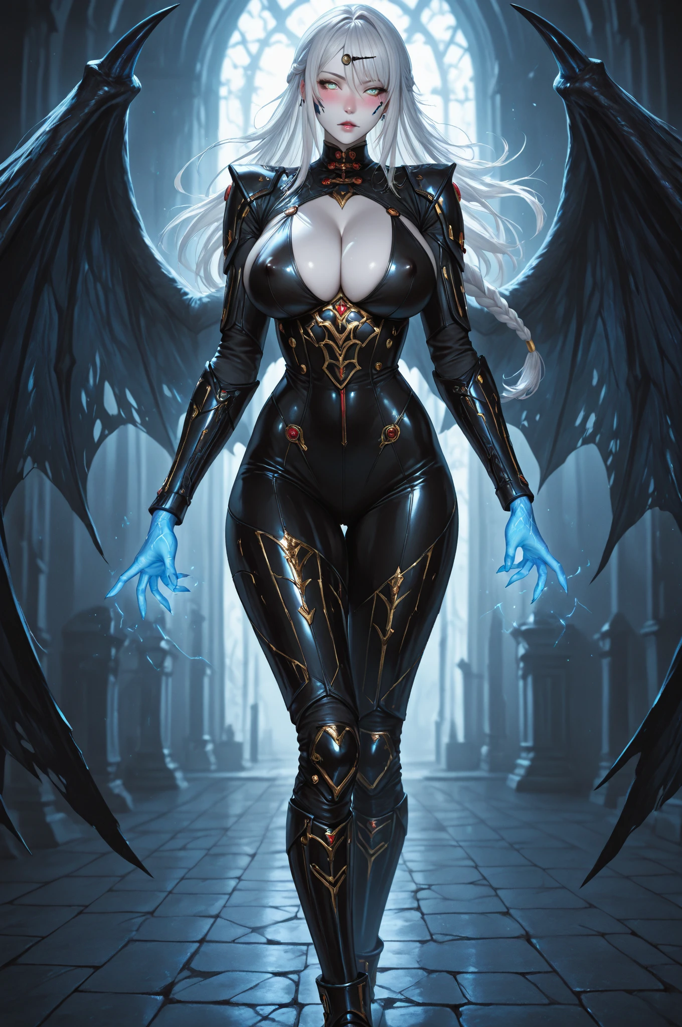 (Best quality,4K,8K,A high resolution,Masterpiece:1.2), Ultra-detailed, (Realistic,Photorealistic,photo-realistic:1.37), Mature ebony-skinned female, pointy ears, Long silver hair, Wearing a gold gilded slim light gold dress, Curvy, There are big black demon wings, There are devil's horns, alluring gaze, Dark skin tone, Ebony complexion, Golden dress, golden dress, Alone, Solo, (Alone)(Solo)