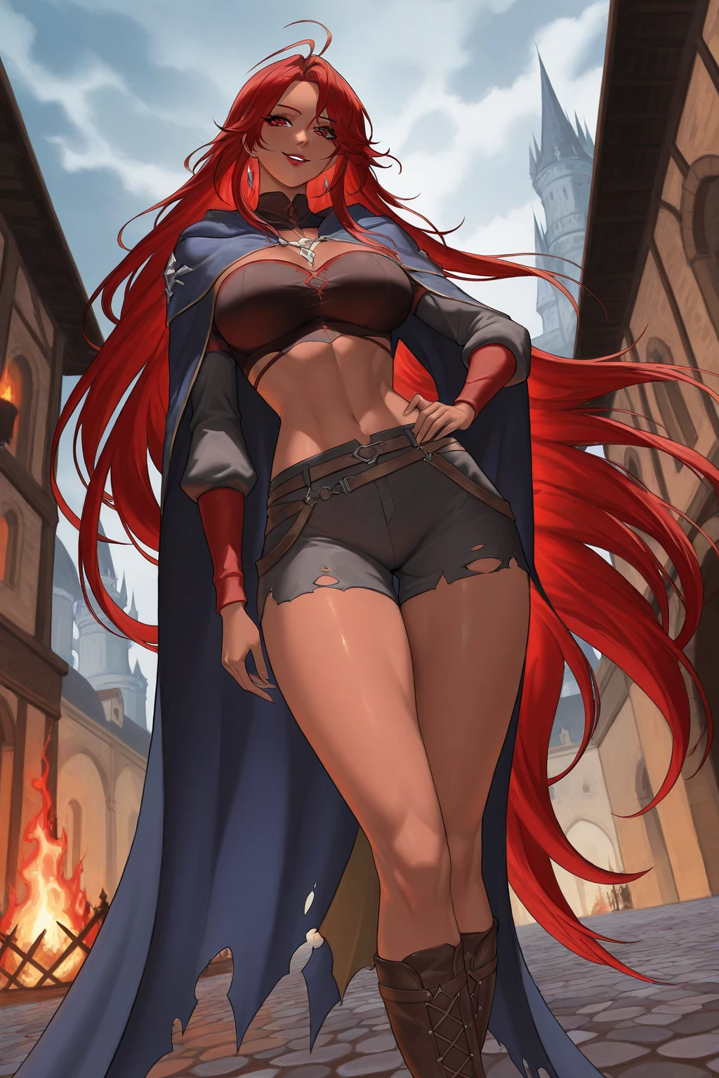 Mature woman, strong, dark skin, black bikini, cape, long red hair, large breasts, large thighs, can dynamic, heroic weight, fantasy, medieval, desert, sun, blue sky, well detailed brightness.