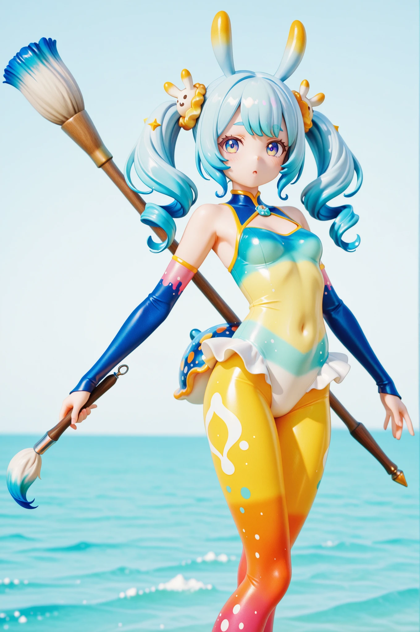 masterpiece、highest quality、High resolution、4k、1 beautiful girl、girl、splatoon inkling, tentacle hair、ink bomb、whole body、neon blue tentacle hair、ponytail tentacle hair、big ribbon、golden eyes、smile、cheek、super big breasts、cleavage、pointed earicro mini skirt、fashionable、Large accessories、wet body、outdoor、dynamic pose、