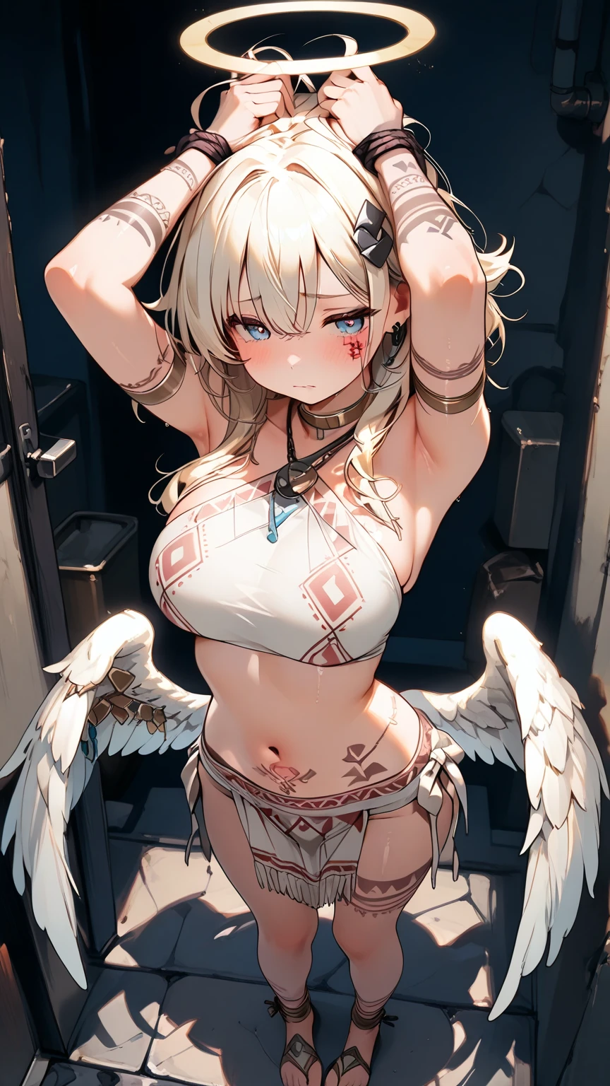 japanese anime style。illustratio。Dark Fantasy。White feathers。girl with。a blond。undergarment。natta。battle field。Colossal tits。pubick hair。teats。a miniskirt。A little angry。all-fours。