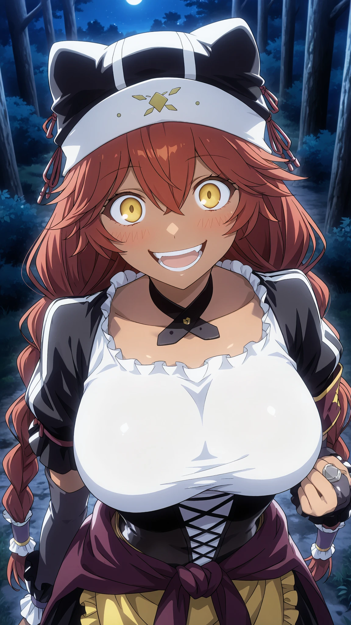 Lupusregina_Beta, overlord \(maruyama\)
High quality ,  best quality , masterpiece,  High Resolution , detailed face( LoRA: Lupusregina),anatomically correct, detailed hair Style( LoRA: Lupusregina),anime Coloring
red hair, twin braids, long hair, hair tubes, yellow eyes, hair between eyes, dark skin, dark-skinned female 
Black maid uniform, underbust, hair tubes, black animal hat, black choker, white shirt, taut shirt, black corset, puffy short sleeves, elbow gloves, black bridal gauntlets, wrist cuffs, clothes around waist, yellow apron,large ,
looking at viewer , close-up,from above
forest,night,
open mouth, crazy smile,blush,
