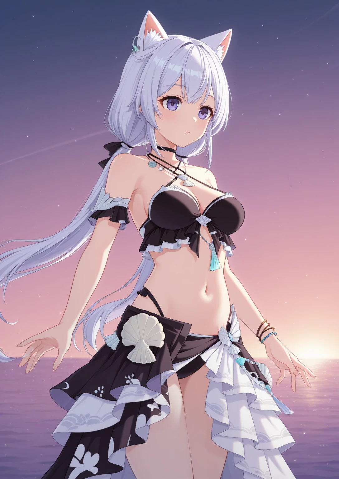 ((Kamisato Ayaka in Genshin Impact)),solo, ((semi long beautiful silver blue hair,beautiful blue eyes)),
((topless, beautiful medium , pink nipples)), (sweating), wet gleaming skin,Embarrassed,Vulgar,low angle,from below,(nsfw),
low angle,from below,((white elegant beautiful panties)),((masterpiece, highest resolution,best quality)), (beautiful illustration), (looking at the viewer),
 innocent smile, white over-kneehighs,Lace chalker, wristband, fingerless gloves, over-kneehighs,
Lace chalker, diamond necklace,wristband, fingerless gloves, earrings, windy,cinematic lighting, beach, sand, night sky, waves, full moon,coconut tree,