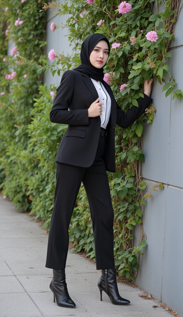 ((best quality)), hijab, high heels, sexy pose, leggings, Curves, pink, Blick haughtily, boss bitch