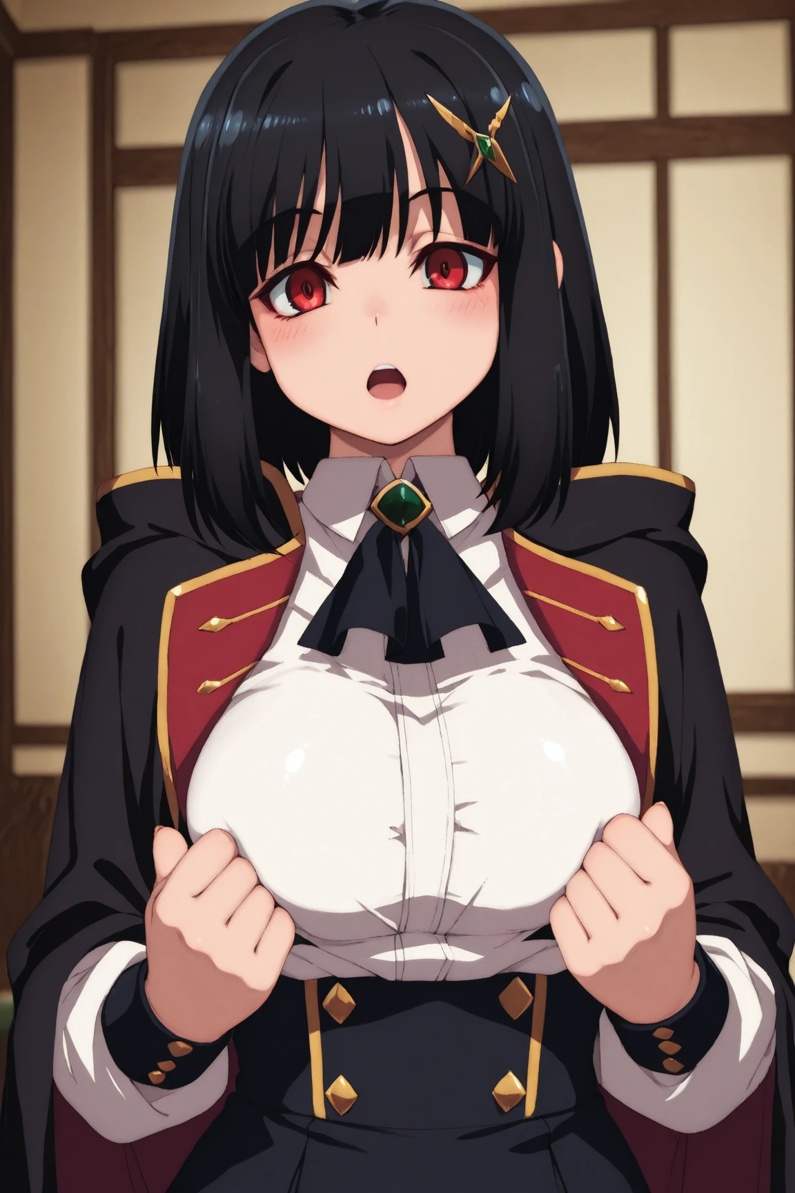 1girl, solo, lisadef, large breasts, (smiling, blushing:1.1), standing, (from below view), (grabbing breasts:1.6), backless dress bodycon mio, green eyes, yellow eyes, black hair, large breasts, hairband, hair bow, japanese clothes, purple kimono, black gloves, spider web print, sash, obi, shiny skin, shiny body, DonMM4ch1n3W0rldXL, 1 girl, solo, office lady, short hair, smile, breasts, large breasts, formal, suit, shirt, jacket, skirt, black skirt, pencil skirt, skirt suit, standing, looking at viewer, cowboy shot, broadcasting studio, camera, (intricate:1.3), (light purple theme:1.1), (light purple tone:1.1), (black tone:0.9), masterpiece, best quality, highest quality, highly detailed face, ray tracing, vibrant colors, depth of field, cinematic lighting, sharp focus, action shot, 16K UHD,