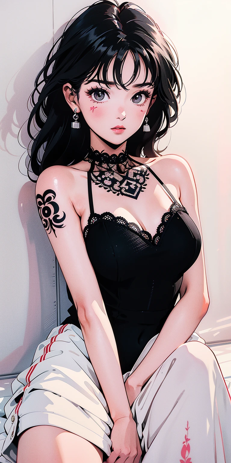 tsuruta ichiro, Narrow-eyed, 1girl in, Allback、deadpan、short-hair、shorth hair、brow、Reluctance、A dark-haired、Tucked Hair Solo, Cowgirl, Onepiece, ((mideum breasts)), Thin slit eyes、Black eyes, Light shines on the eyes、Black hair, gloves, Dress, Luxurious Jewelry, earrings, sharp eye、 elbow groves,Raise your hands and tie your hair back, random color, random color dress, Makeup for long eyes, Slender eyes、lip stick, Complex petal pattern, Rim Light, Back Light, pastel color,Studio Lighting