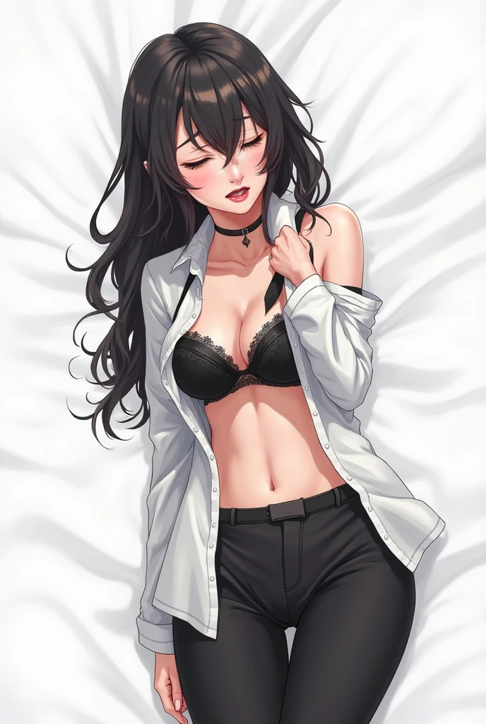 Italian girl 25 years old, very long brown hair, super hyper gigantic breasts, very small torn blouse that cannot contain her breasts, black miniskirt, lying on the bed, her breasts are tied together, and her arms and legs are tied to the bed, she has a slave collar, breasts are wet