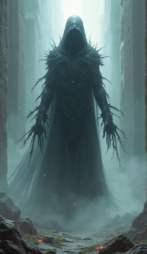 (best qualityer, ultra detali, realisitic:1.37), death god, dark atmospher, intricate skeletal structures, ethereal glow, Flowing black cloak, immense scythe, Empty eye sockets, skeletal hands, sinister presence, dramatic lighting, misty background, supernatural powers, scary expression, chilling aura, spectral presence, foreboding vibe, otherworldly beauty, elaborate crafts, winding ribbons, indescribable essence, macabre elegance, spectral creatures, hauntingly beautiful, eternal guardian, ser transcendental, mysterious silence, Bone-chilling power, hauntingly realisitic, Sinister energy, Gothic aesthetic, mysterious atmosphere, ethereal realm, threatening presence, floating souls, enigmatic figure, frighteningly captivating, shadowy face, Eternal Darkness, sad whispers