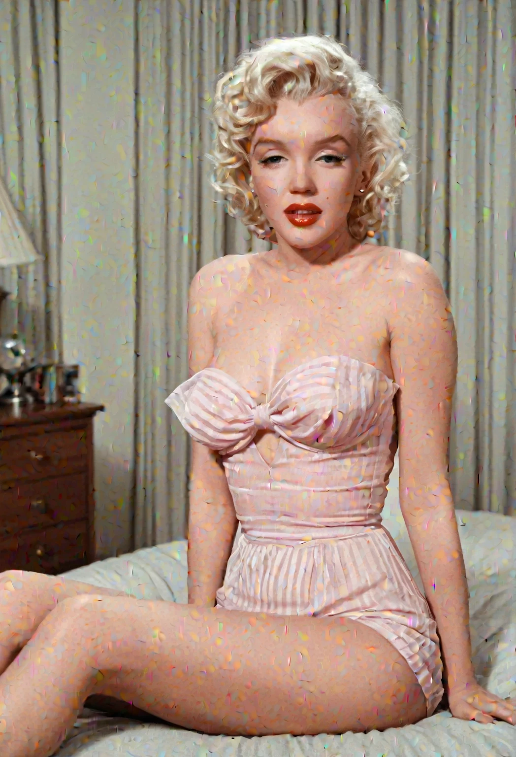 (Marilyn Monroe (age 25) sheer night gown open, no underwear) playfully posing on the couch. she is warm and inviting. Oil painting