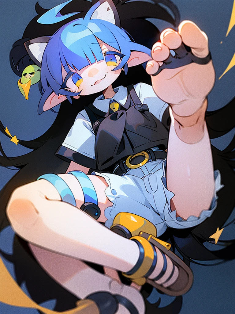 1girl, niko, yellow eyes, hat, red hat, blue hair, solo, lying, spread legs, laying on back, legs up, blush, blushed face, happy face, 4K, blushed face, (((Best quality, Masterpiece))), detailed, ultra detailed, looking at viewer, ultra high res, sfw, bedroom, on bed, indoors background, ?????? pose, best anatomy, good anatomy, SFW, female butt, breasts, feet, good feet ???????, sweat, steam, sweaty, steamy, no underwear, sexy