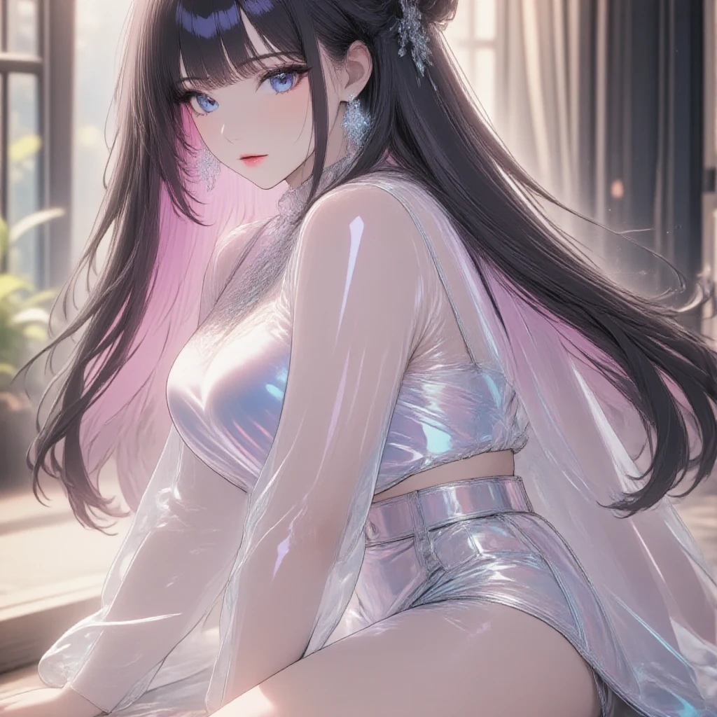 (masterpiece), best quality, expressive eyes, perfect face, Adult Female,long dark iridescent hair, iridescent eyes, small waist, , large thighs, baby clothes