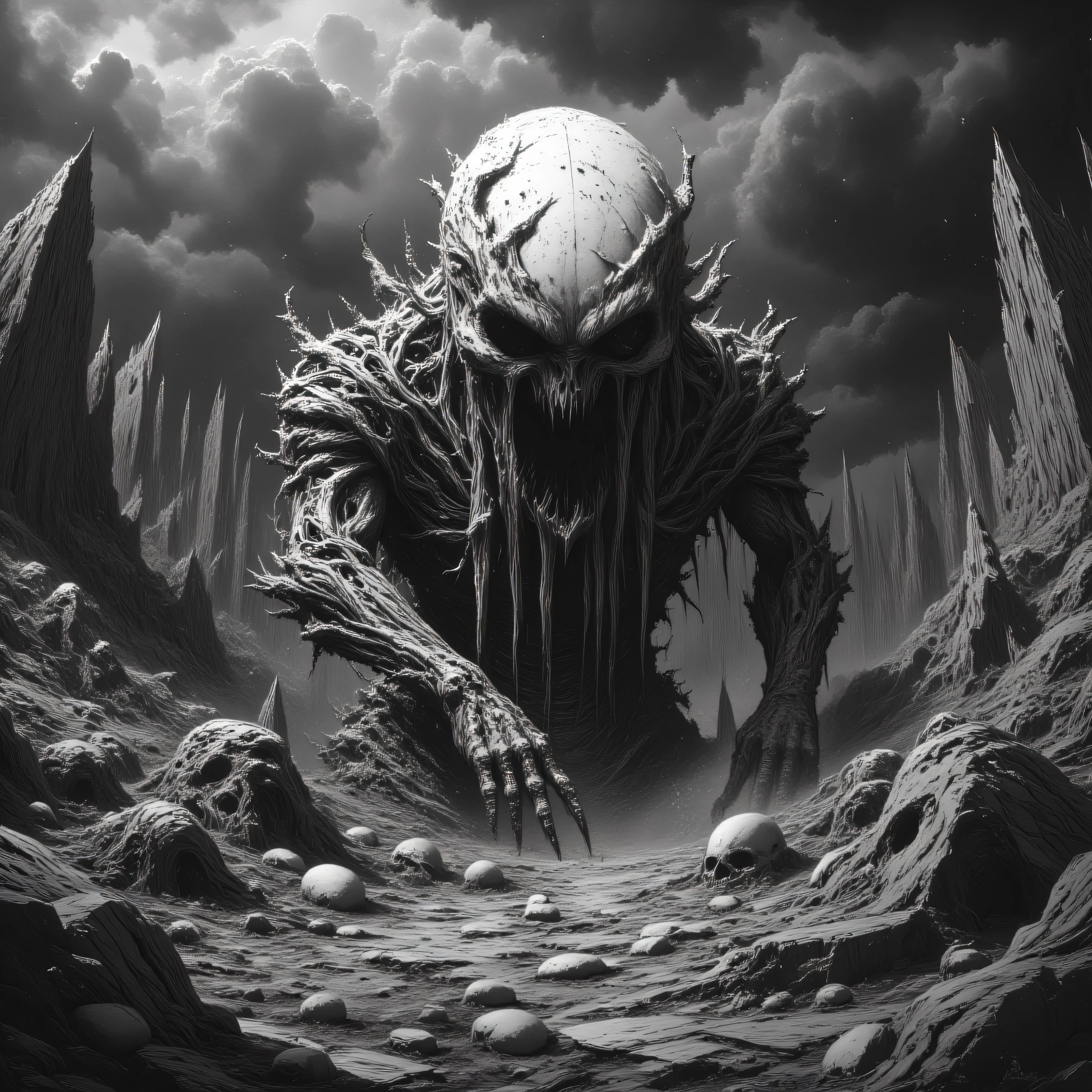 tall monster without head (headless), no face, (faceless) rotten flesh, rotten skin, having holes on skin, bones, having blades on it's hands, (Blades on arms), using 2 blade swords, bone blades, mob, scarry creature, 4k, detailed painting, painting style, ugly monster, awful, horror monster, paint artifacts, sepia, no landscape, night, horror mob, estetic art, digital art style,