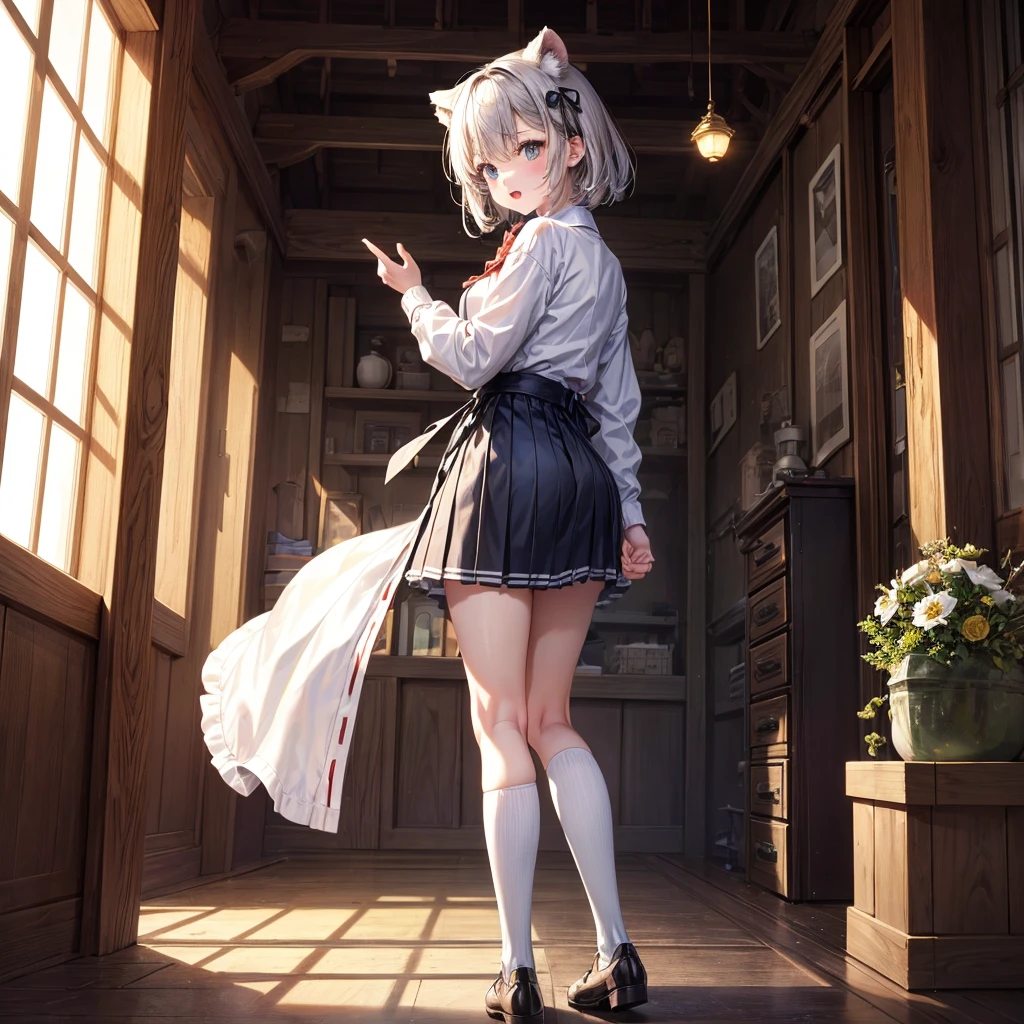 masterpiece, highest quality, Very detailed, 16k, Ultra-high resolution, Cowboy Shot, One 14-year-old girl, Detailed face, Perfect Fingers, Cat ears, Long tail, black eye, Black Hair, short hair, one piece, in the forest, During a walk